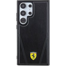 Ferrari Galaxy S24 Ultra Kılıf Ferrari Lisanslı Magsafe Özellikli Sıcak Baskı V Çizgili Deri Kapak Siyah