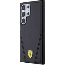 Ferrari Galaxy S24 Ultra Kılıf Ferrari Lisanslı Magsafe Özellikli Sıcak Baskı V Çizgili Deri Kapak Siyah