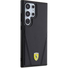Ferrari Galaxy S24 Ultra Kılıf Ferrari Lisanslı Magsafe Özellikli Sıcak Baskı V Çizgili Deri Kapak Siyah