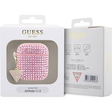 Guess Airpod Uyumlu Kılıf Guess Orjinal Lisanslı Parıltılı Taş Kaplamalı Üçgen Logo Süs Zincirli Pembe