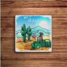 Baum Atelier Çöl ve Kaktüs Temalı Doğal Taş Traverten Bardak Altlığı 4 Lü Set