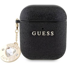 Guess Airpod Uyumlu Kılıf Guess Orjinal Lisanslı Glitter Elmas Kalp Süs Zincirli Siyah