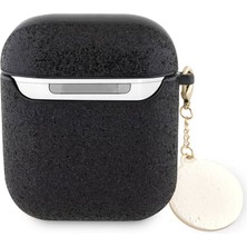 Guess Airpod Uyumlu Kılıf Guess Orjinal Lisanslı Glitter Elmas Kalp Süs Zincirli Siyah