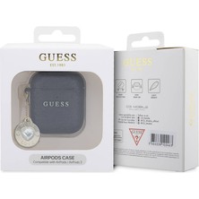 Guess Airpod Uyumlu Kılıf Guess Orjinal Lisanslı Glitter Elmas Kalp Süs Zincirli Siyah