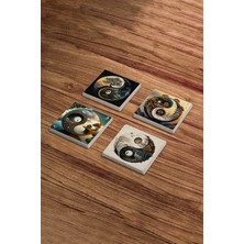 Baum Atelier Yin Yang Life Of Tree Temalı Doğal Taş Traverten Bardak Altlığı 4 Lü Set