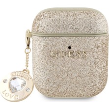 Guess Airpod Uyumlu Kılıf Guess Orjinal Lisanslı Glitter Elmas Kalp Süs Zincirli Gold