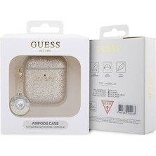 Guess Airpod Uyumlu Kılıf Guess Orjinal Lisanslı Glitter Elmas Kalp Süs Zincirli Gold