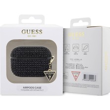 Guess Airpod Pro 2 Uyumlu Kılıf Guess Lisanslı Parıltılı Taş Kaplamalı Üçgen Logo Süs Zincirli Siyah