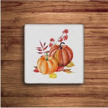 Baum Atelier Pumpkin Fall, Bal Kabağı Sonbahar Temalı Doğal Taş Traverten Bardak Altlığı 4 Lü Set