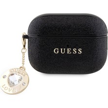 Guess Airpod Pro 2 Uyumlu Kılıf Guess Orjinal Lisanslı Glitter Elmas Kalp Süs Zincirli Siyah