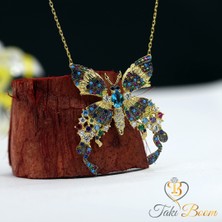 Renkli Taşlı Kelebek Gümüş Kolye