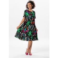 Kısa Kol Melda Viskon Desenli Midi Boy Yazlık Elbise Etnik Siyah Etnk syh