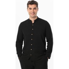 Eliş Şile Bezi Uzun Kol Hakim Yaka Erkek Müslin Yazlık Gömlek Siyah Syh