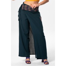 Eliş Şile Bezi Kumru Şile Bezi Nakışlı Bağlama Detaylı Yazlık Otantik Pantolon Petrol Ptrl