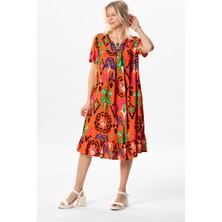 Kısa Kol Melda Viskon Desenli Midi Boy Yazlık Elbise Etnik Turuncu Etnk trnc