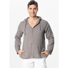 Eliş Şile Bezi Uzun Kol Erkek Kapüşonlu Yazlık Müslin Sweatshirt Gri Gri