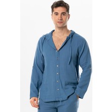 Eliş Şile Bezi Uzun Kol Erkek Kapüşonlu Yazlık Müslin Sweatshirt Indigo Indg