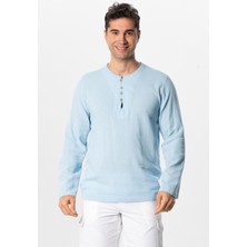 Eliş Şile Bezi Halikarnas Uzun Kol Violet Düğme Detaylı Erkek Yazlık Tshirt Buz Mavi Bmv
