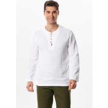 Eliş Şile Bezi Halikarnas Uzun Kol Violet Düğme Detaylı Erkek Yazlık Tshirt Beyaz Byz