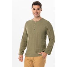 Eliş Şile Bezi Halikarnas Uzun Kol Violet Düğme Detaylı Erkek Yazlık Tshirt Haki Hk