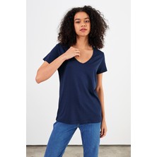 Vena Kadın Boyfriend Lacivert V Yaka Regular Fit Modal Tişört (Lyocell)