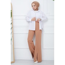 Hafsa Mina Yırtmaçlı Scuba Pantolon Camel HM2392