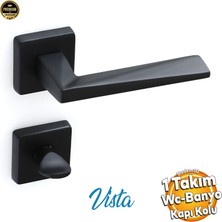 Badem10 Vista Mat Siyah Wc Banyo Kapı Kolu Kare Rozetli Kapı Kulpu Uyumlu Sağ Sol Uygun Kolları