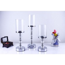 Nidage Gümüş Kristal Taşlı Ayaklı Gümüş Şamdan 3'lü Set 3 Parça