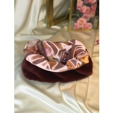 Melsea Bordo Peluş Pudra Pembe Saten Makyaj ve Bakım Çantası
