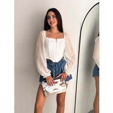 Reel Moda Kadın Önü Fermuarlı Madonna Yaka  Kolu Şifon Şık Crop Bluz