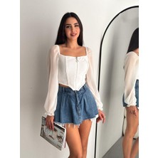 Reel Moda Kadın Önü Fermuarlı Madonna Yaka  Kolu Şifon Şık Crop Bluz