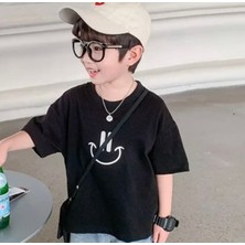 Kids Face Özel Tasarım Bisiklet Yaka Mutlu Gülücük Baskılı %100 Pamuk Oversize Erkek Çocuk T-Shırt