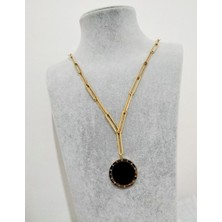 Hg.Aksesuar Kadın Siyah Sedef Taşlı Çelik Kolye