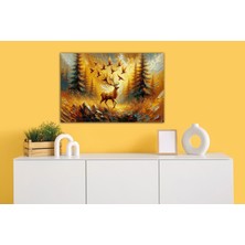 Aden Sarı Yağlı Boya Görünümlü Geyik ve Kuşlar Manzara Kanvas Tablo