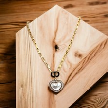 Hg.Aksesuar Kadın Sedef ve Zirkon Taşlı Kalp Detaylı Çelik Kolye