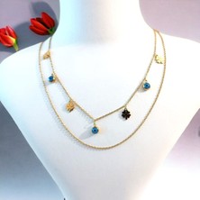 Hg.Aksesuar Kadın Çift Zincirli Nazar Boncuklu Yonca Detaylı Çelik Kolye