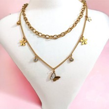 Hg.Aksesuar Kadın Zirkon Taşlı Kelebek ve Papatya Figürlü Çelik Kolye