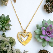 Hg.Aksesuar Kadın Zirkon Taşlı Kalp Detaylı Çelik Kolye