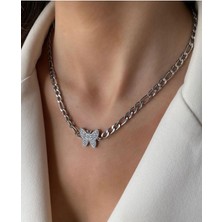 Hg.Aksesuar Kadın Zirkon Taşlı Kelebek Detaylı Çelik Kolye