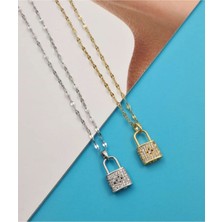 Hg.Aksesuar Kadın Asma Kilit Detaylı Zirkon Taşlı Çelik Kolye