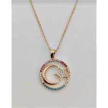 Hg.Aksesuar Kadın Zirkon Taşlı Ay Yıldız Çelik Kolye