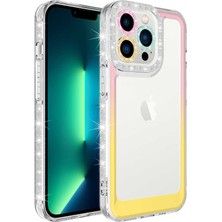 Appfube iPhone 14 Pro Max - Uyumlu Simli ve Renk Geçiş Tasarımlı Lens Korumalı Appfube Park Kapak-Pembe-Sarı