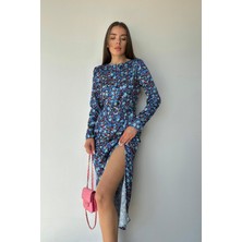 Elbee Fashion Woman Mavi Eteği Yırtmaçlı Kemerli Elbise