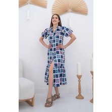 Elbee Fashion Woman Mavi Kemerli GömlekYaka Elbise