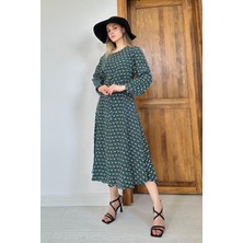 Elbee Fashion Woman Yeşil Dökümlü Desenli Elbise