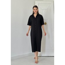 Elbee Fashion Woman Siyah Keten Kısa Kollu Elbise