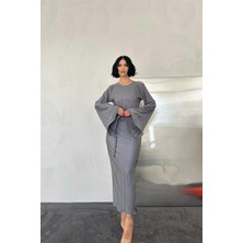 Elbee Fashion Woman Gri İspanyol Kol Piliseli Elbise