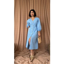 Elbee Fashion Woman Mavi Flamlı Keten Boyamalı Düğmeli Elbise