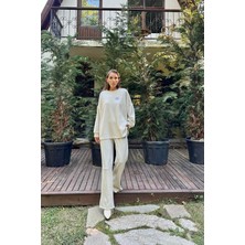 Elbee Fashion Woman Kemik Klasik Fitilli Kazak ve Pantolon Takım