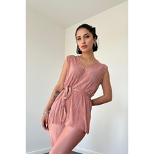 Elbee Fashion Woman Pudra Fitilli V Yaka Takım